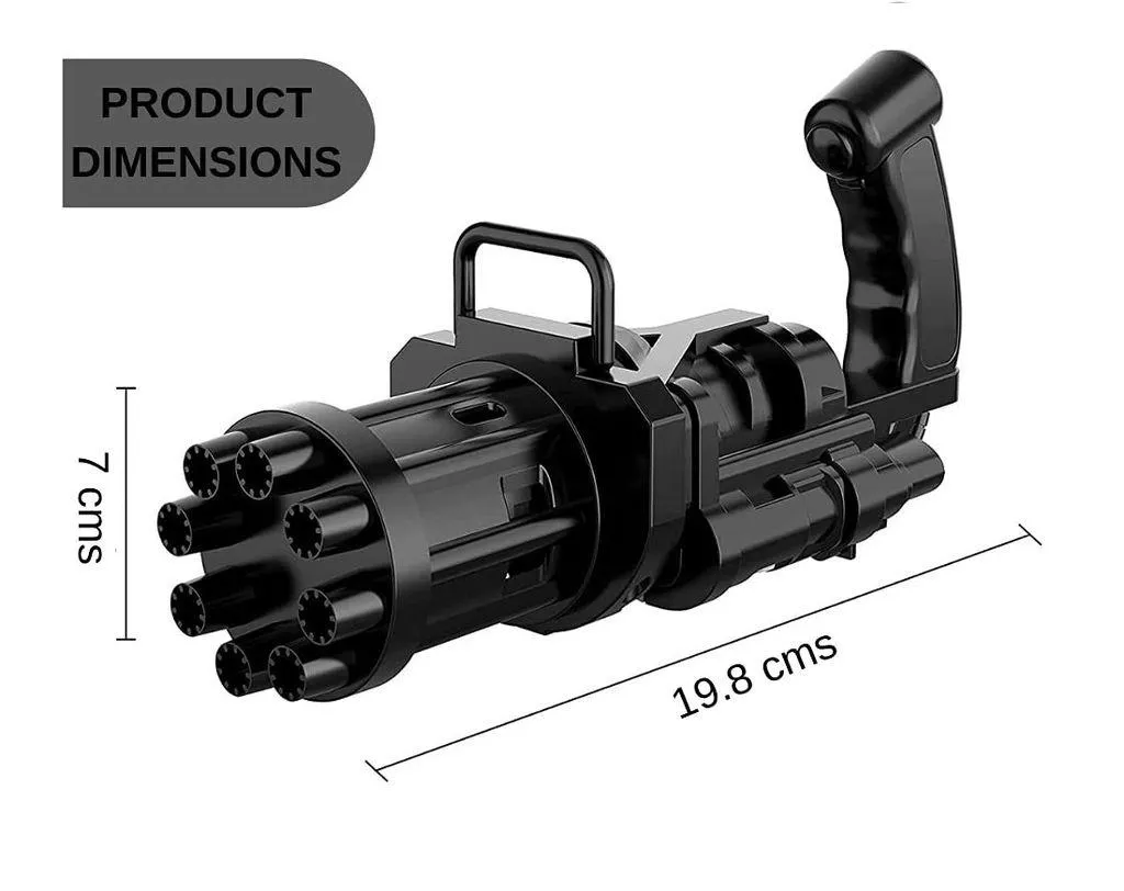 Electric 8-Hole Bubbles, New Gatling Bubble Machine Outdoor Toys Gun Mini Gatling Model 8 Holes Bubble Design 3 AA Batteries Required (not included). Looks cooler and more interesting.Cool Fan Mode The bubble machine can be used as a small fan, it will bring cool and comfortable wind. Take down the bubble machine gun head and turn it into a small fan. Easy To Use The bubble gun is made of quality ABS material, and has a handle design that fits the child's palm. Children can carry a bubble gun with them and enjoy the fun of bubbles. Powered by 3 AA Batteries: Interesting leaf blower that produces a stream of bubbles. With realistic design and fresh colors, this toy bubble blower is what you need. Just put in 3 AA batteries (not included), tap the bubble liquid and pull the trigger, a lot of bubbles will be ejected!, Included Bubble Solution: Due to logistics problems, bubble liquid may need to be adjusted by yourself, so that your child's hands-on ability will be strengthened! Wide Application: Bubble machine gun is very suitable for indoor and outdoor activities, can also be used as party, birthday or anniversary gift. Whether you plan to host a party for your kids or celebrate their birthdays, our bubble guns are the highlight of party. Preferred Material: Made of the preferred ABS material, it is durable and has strong safety performance. Not cause harm to the human body. The bubble machine is suitable for children to play and entertain. 2-in-1 Use: This bubble machine can be used as a summer fan with the bubble head removed. 2-in-1 use, make you happier with it! Features - Mini Gatling Model 8 Holes Bubble Design 3 AA Batteries Required (not included in package) - Easy to Use & No Leak Ideal Gift for 3+ Year Old Kids 8-Holes Design Adopting Gatling's appearance structure, 8 bubble holes, hundreds of colorful bubbles can be blown out every minute, Looks cooler and more interesting. - Cool Fan Mode The bubble machine can be used as a small fan, it will bring cool and comfortable wind. - Take down the bubble machine gun head and turn it into a small fan. - Easy To Use The bubble gun is made of quality ABS material, and has a handle design that fits the child's palm. - Children can carry a bubble gun with them and enjoy the fun of bubbles. - The cool bubble gun design and colorful bubbles can satisfy children's preferences and attract their attention, Adopting Gatling's appearance structure, 8 bubble holes, hundreds of colorful bubbles can be blown out every min