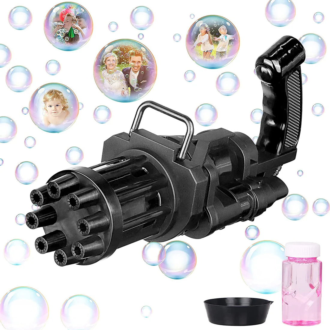 Electric 8-Hole Bubbles, New Gatling Bubble Machine Outdoor Toys Gun Mini Gatling Model 8 Holes Bubble Design 3 AA Batteries Required (not included). Looks cooler and more interesting.Cool Fan Mode The bubble machine can be used as a small fan, it will bring cool and comfortable wind. Take down the bubble machine gun head and turn it into a small fan. Easy To Use The bubble gun is made of quality ABS material, and has a handle design that fits the child's palm. Children can carry a bubble gun with them and enjoy the fun of bubbles. Powered by 3 AA Batteries: Interesting leaf blower that produces a stream of bubbles. With realistic design and fresh colors, this toy bubble blower is what you need. Just put in 3 AA batteries (not included), tap the bubble liquid and pull the trigger, a lot of bubbles will be ejected!, Included Bubble Solution: Due to logistics problems, bubble liquid may need to be adjusted by yourself, so that your child's hands-on ability will be strengthened! Wide Application: Bubble machine gun is very suitable for indoor and outdoor activities, can also be used as party, birthday or anniversary gift. Whether you plan to host a party for your kids or celebrate their birthdays, our bubble guns are the highlight of party. Preferred Material: Made of the preferred ABS material, it is durable and has strong safety performance. Not cause harm to the human body. The bubble machine is suitable for children to play and entertain. 2-in-1 Use: This bubble machine can be used as a summer fan with the bubble head removed. 2-in-1 use, make you happier with it! Features - Mini Gatling Model 8 Holes Bubble Design 3 AA Batteries Required (not included in package) - Easy to Use & No Leak Ideal Gift for 3+ Year Old Kids 8-Holes Design Adopting Gatling's appearance structure, 8 bubble holes, hundreds of colorful bubbles can be blown out every minute, Looks cooler and more interesting. - Cool Fan Mode The bubble machine can be used as a small fan, it will bring cool and comfortable wind. - Take down the bubble machine gun head and turn it into a small fan. - Easy To Use The bubble gun is made of quality ABS material, and has a handle design that fits the child's palm. - Children can carry a bubble gun with them and enjoy the fun of bubbles. - The cool bubble gun design and colorful bubbles can satisfy children's preferences and attract their attention, Adopting Gatling's appearance structure, 8 bubble holes, hundreds of colorful bubbles can be blown out every min