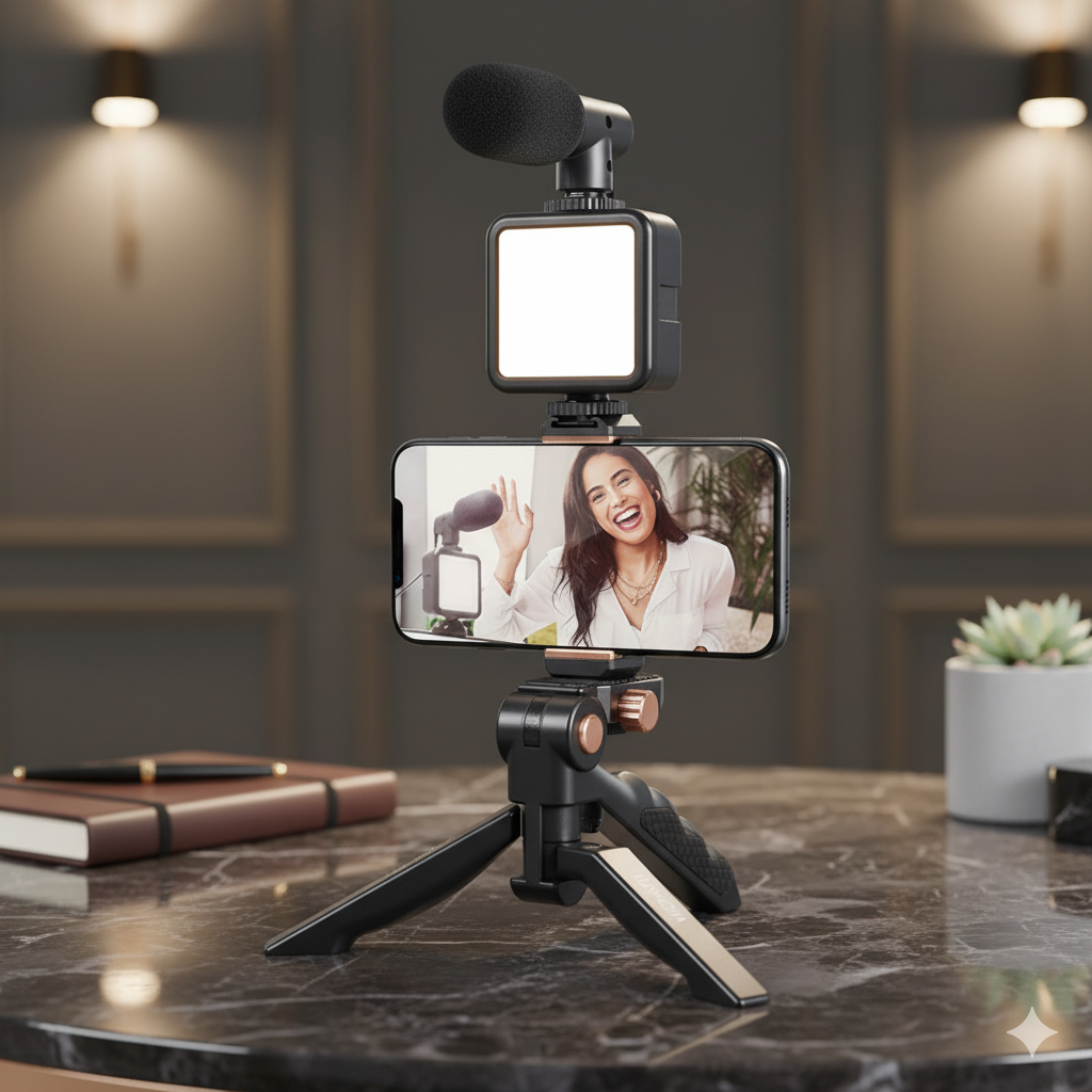 Vlogging Kit: Mic, LED Light, Tripod & Phone Holder