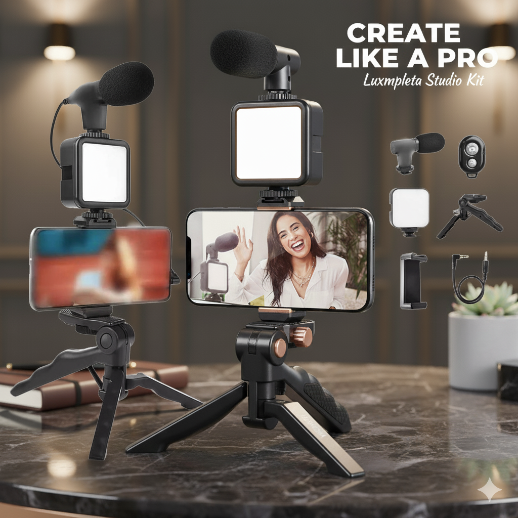 Vlogging Kit: Mic, LED Light, Tripod & Phone Holder