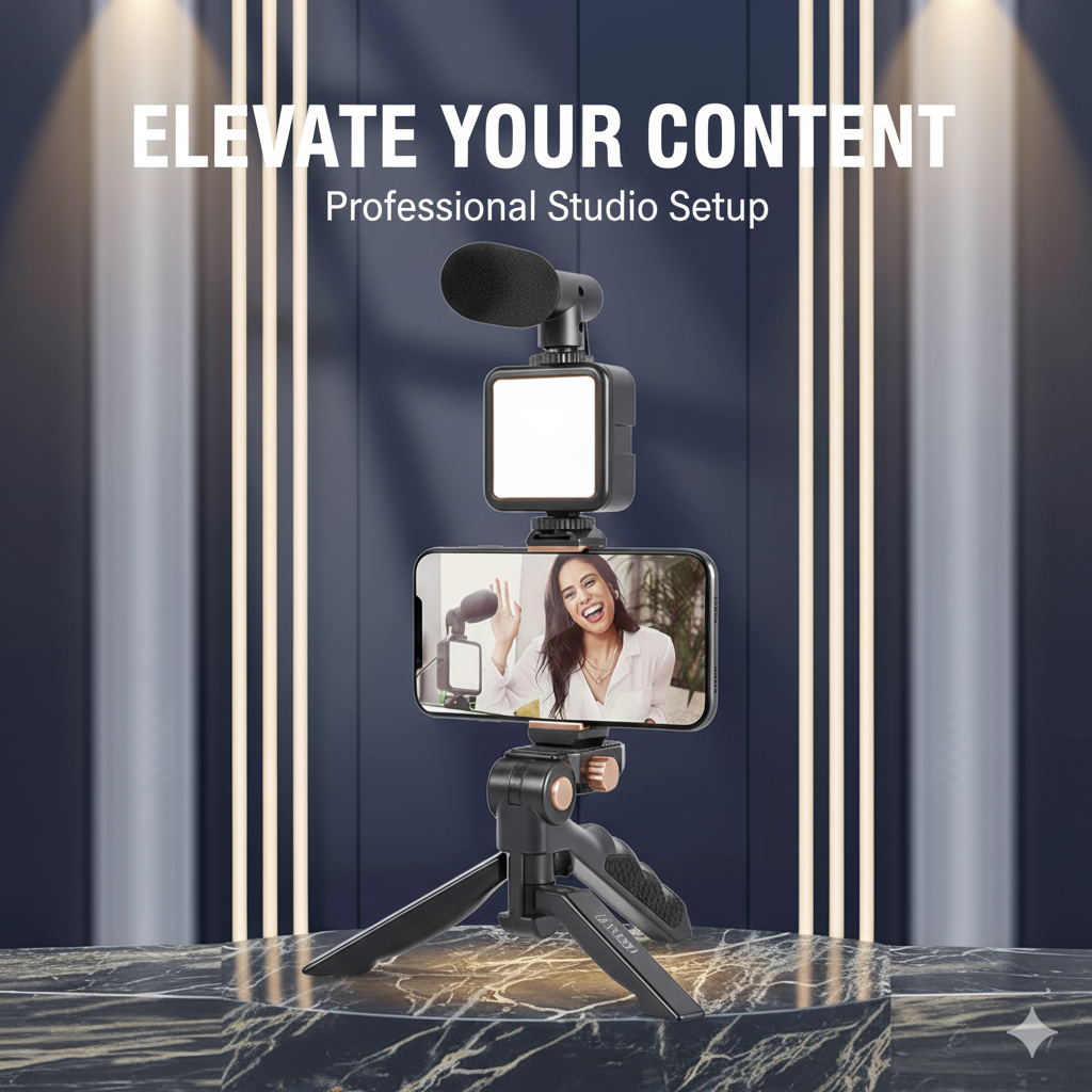 Vlogging Kit: Mic, LED Light, Tripod & Phone Holder