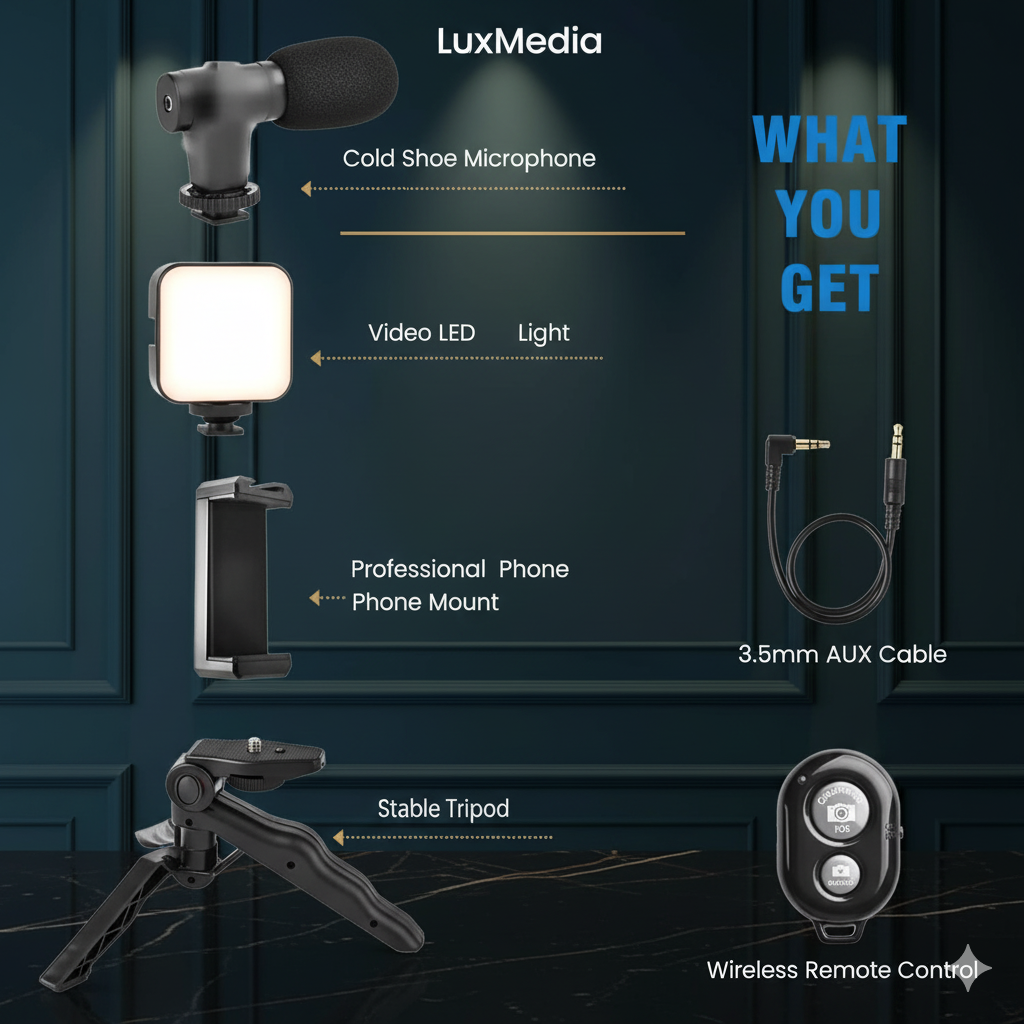 Vlogging Kit: Mic, LED Light, Tripod & Phone Holder