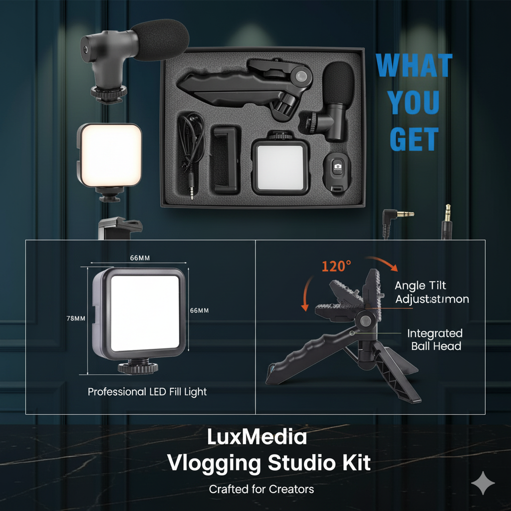 Vlogging Kit: Mic, LED Light, Tripod & Phone Holder