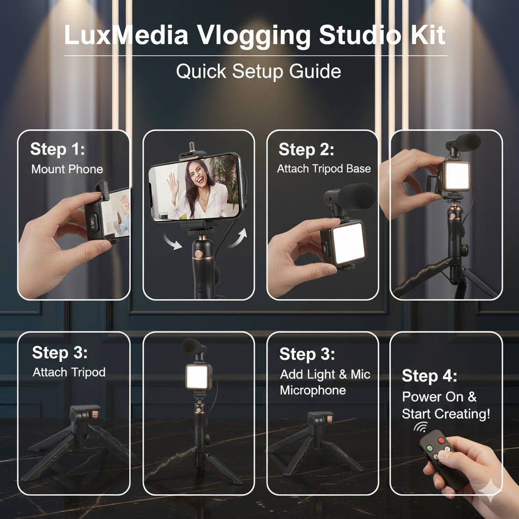 Vlogging Kit: Mic, LED Light, Tripod & Phone Holder