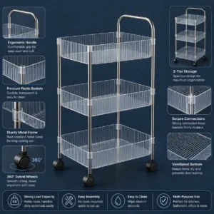 3 Layer Storage Trolley with Wheels for Home & Kitchen
