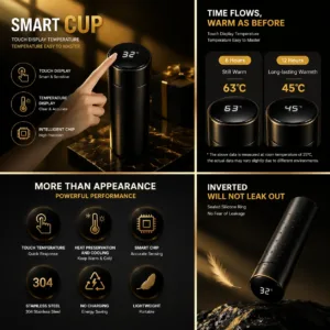 Personalized smart water bottle with LED temperature display black