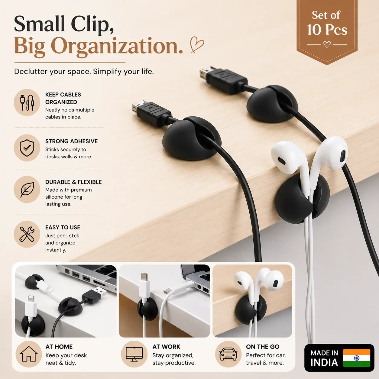 Cable Organizer Holder Clips for Wire Management (10 Pc)