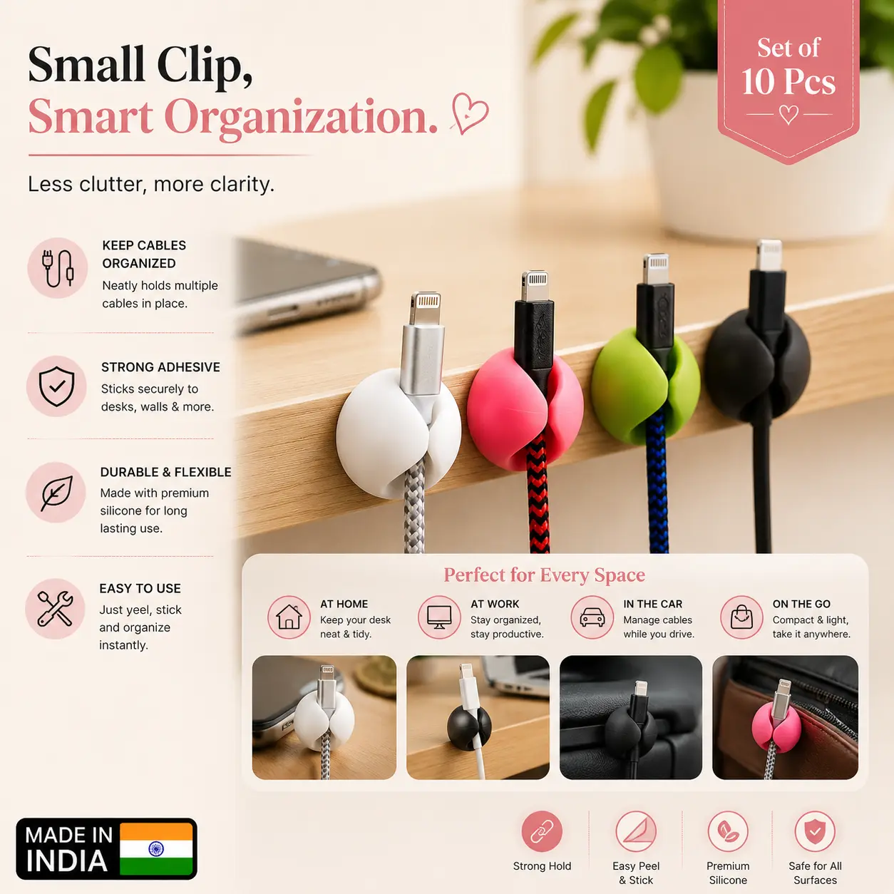 Cable Organizer Holder Clips for Wire Management (10 Pc)