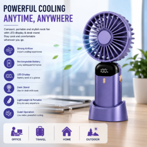 Portable Rechargeable Neck Fan with LED Display & Desk Stand