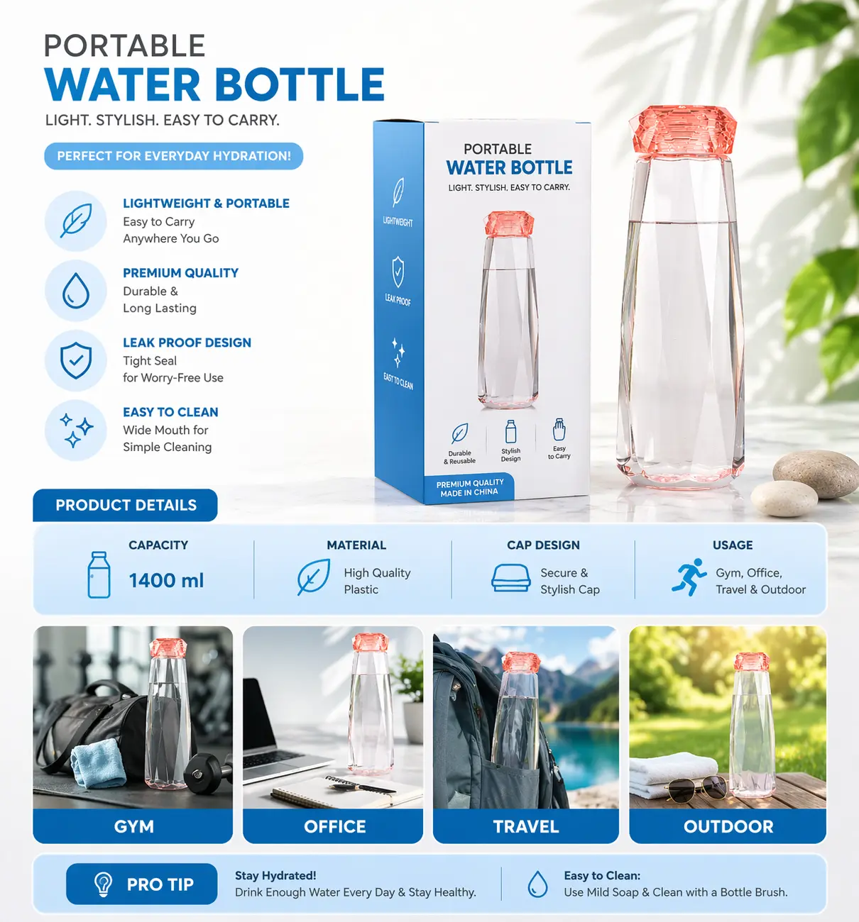 Glass Water Bottle with Plastic Cap for Fridge & Kitchen Use