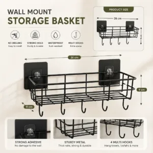 Self Adhesive Wall Storage Basket with Hooks (Pack of 2)