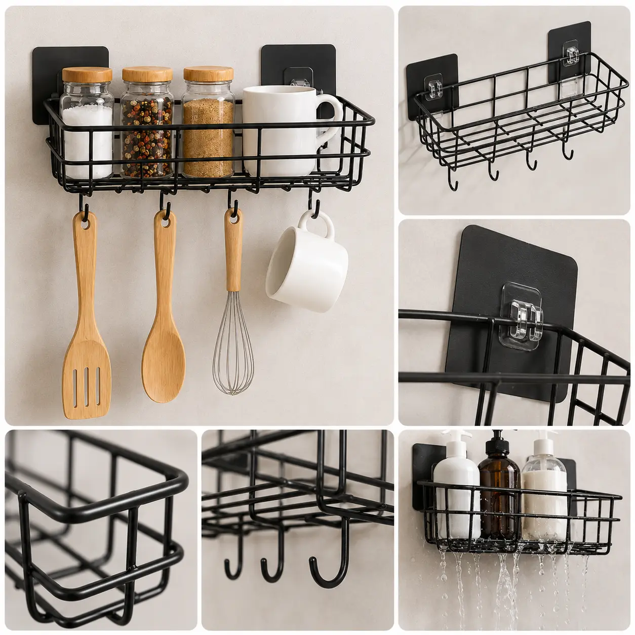 Self Adhesive Wall Storage Basket with Hooks (Pack of 2)