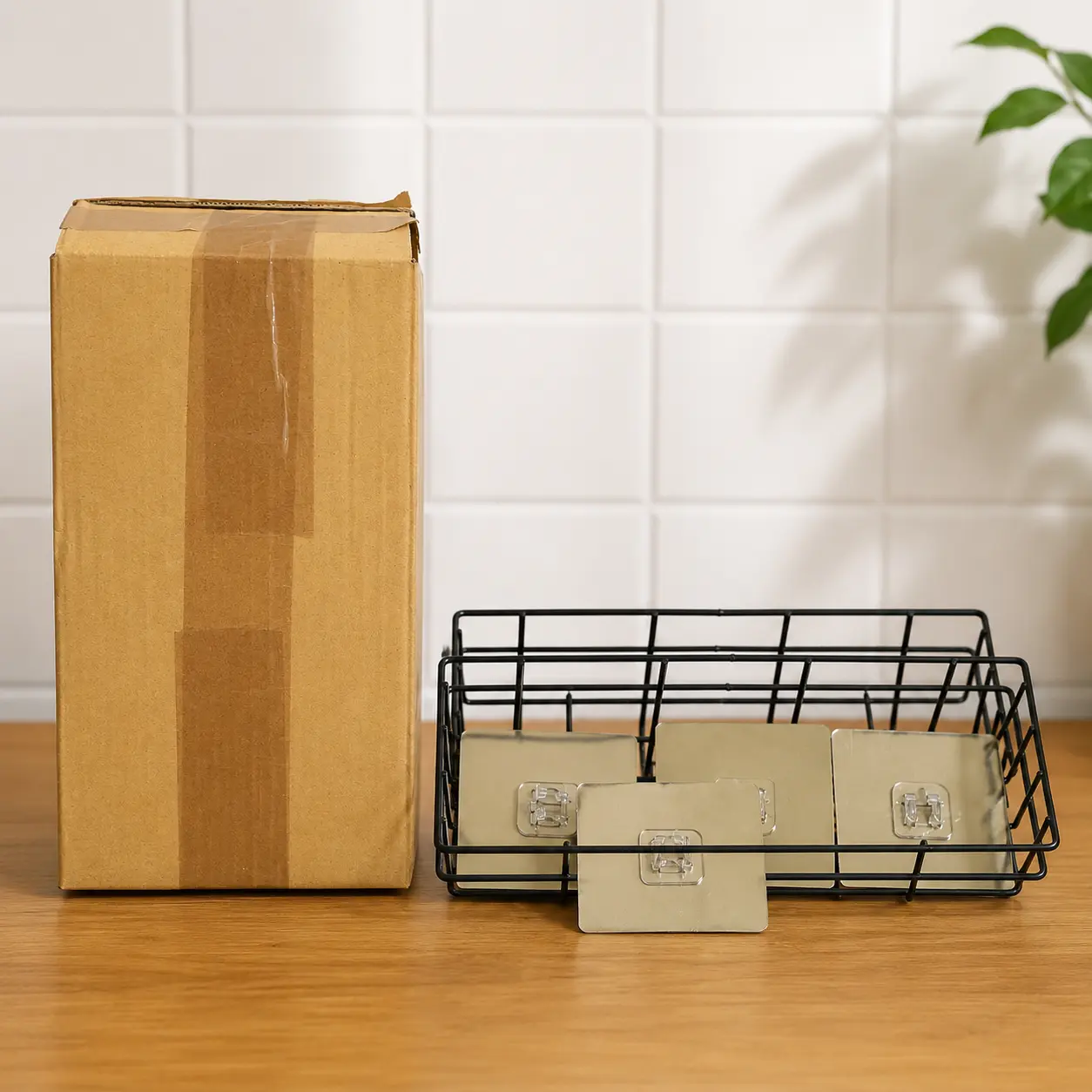 Self Adhesive Wall Storage Basket with Hooks (Pack of 2)