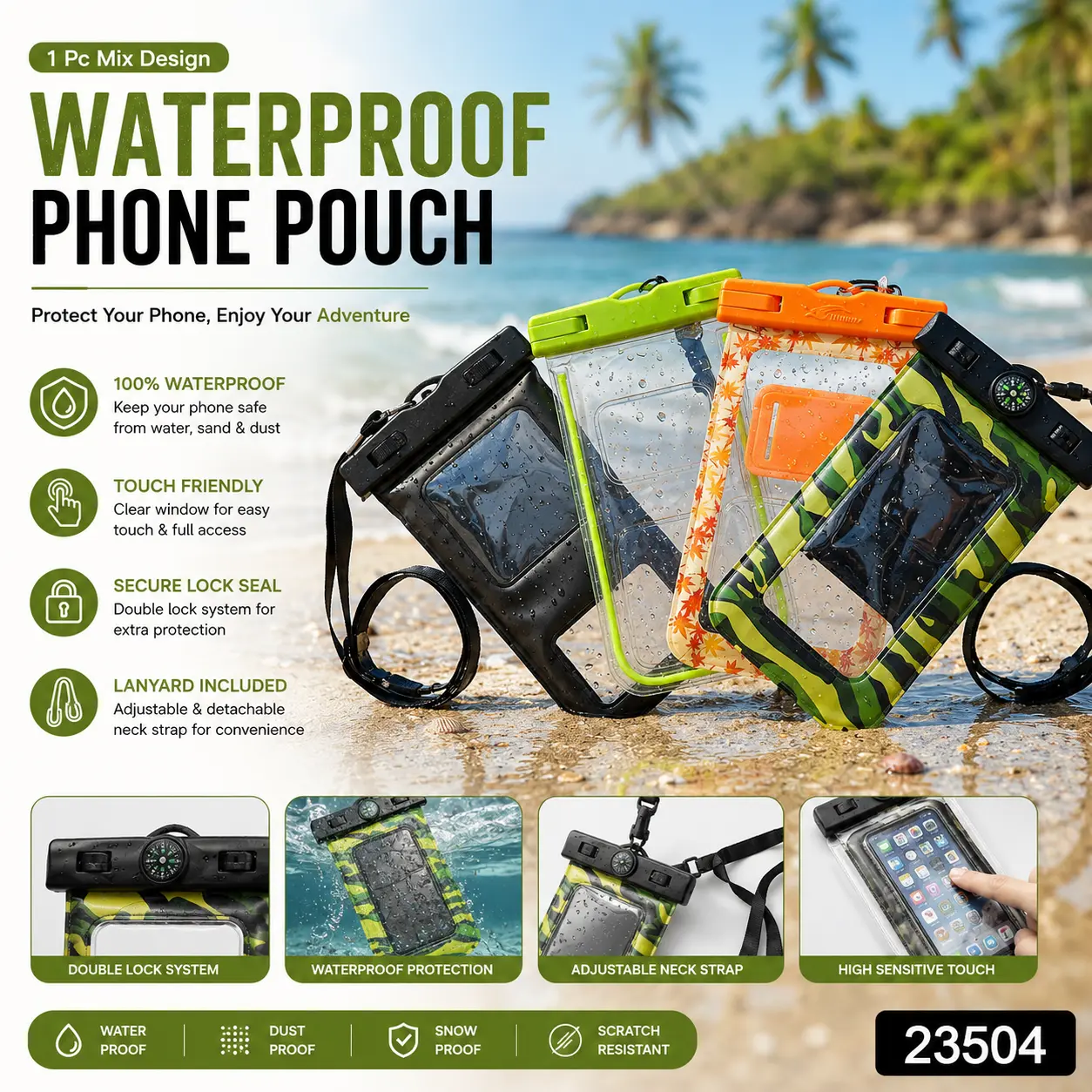 Waterproof Mobile Pouch with Lanyard & Compass