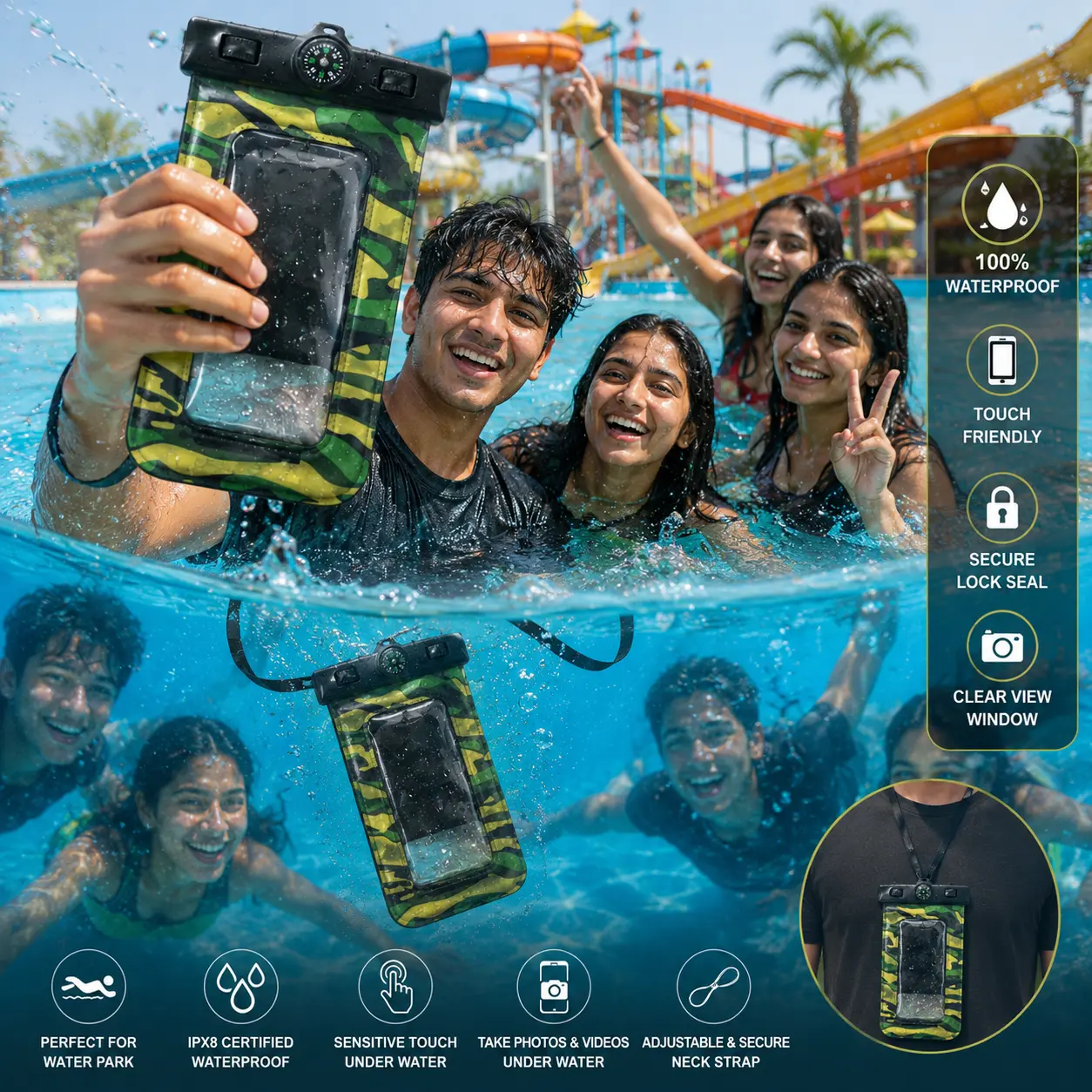 Waterproof Mobile Pouch with Lanyard & Compass
