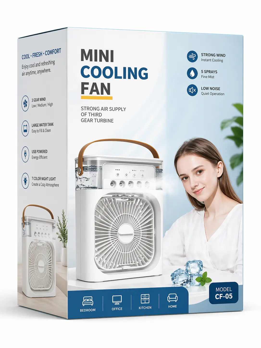 Portable Air Cooler Fan with 7 Color LED Light for Home & Office