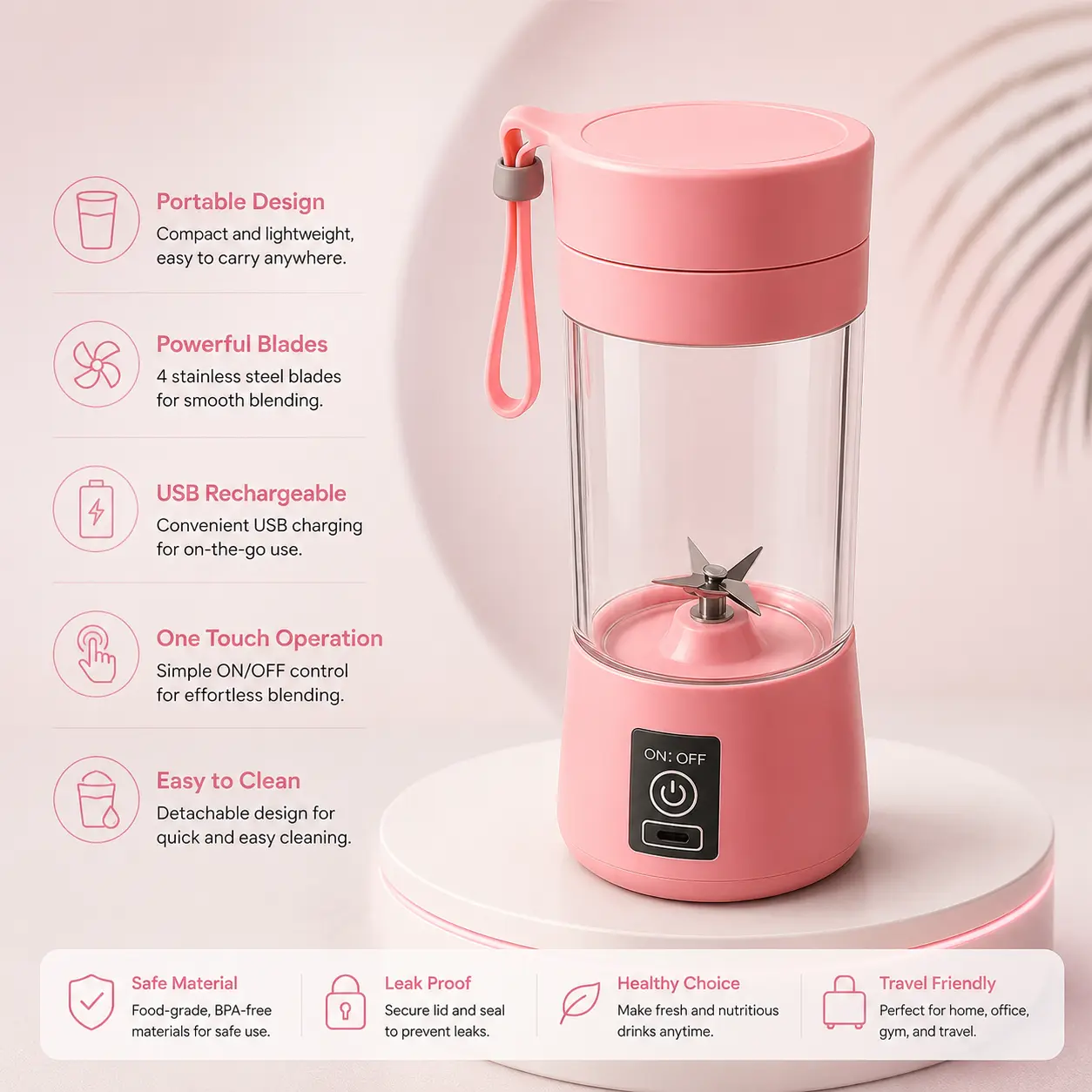 Portable USB Juicer Blender Cup with 6 Blades 380ML