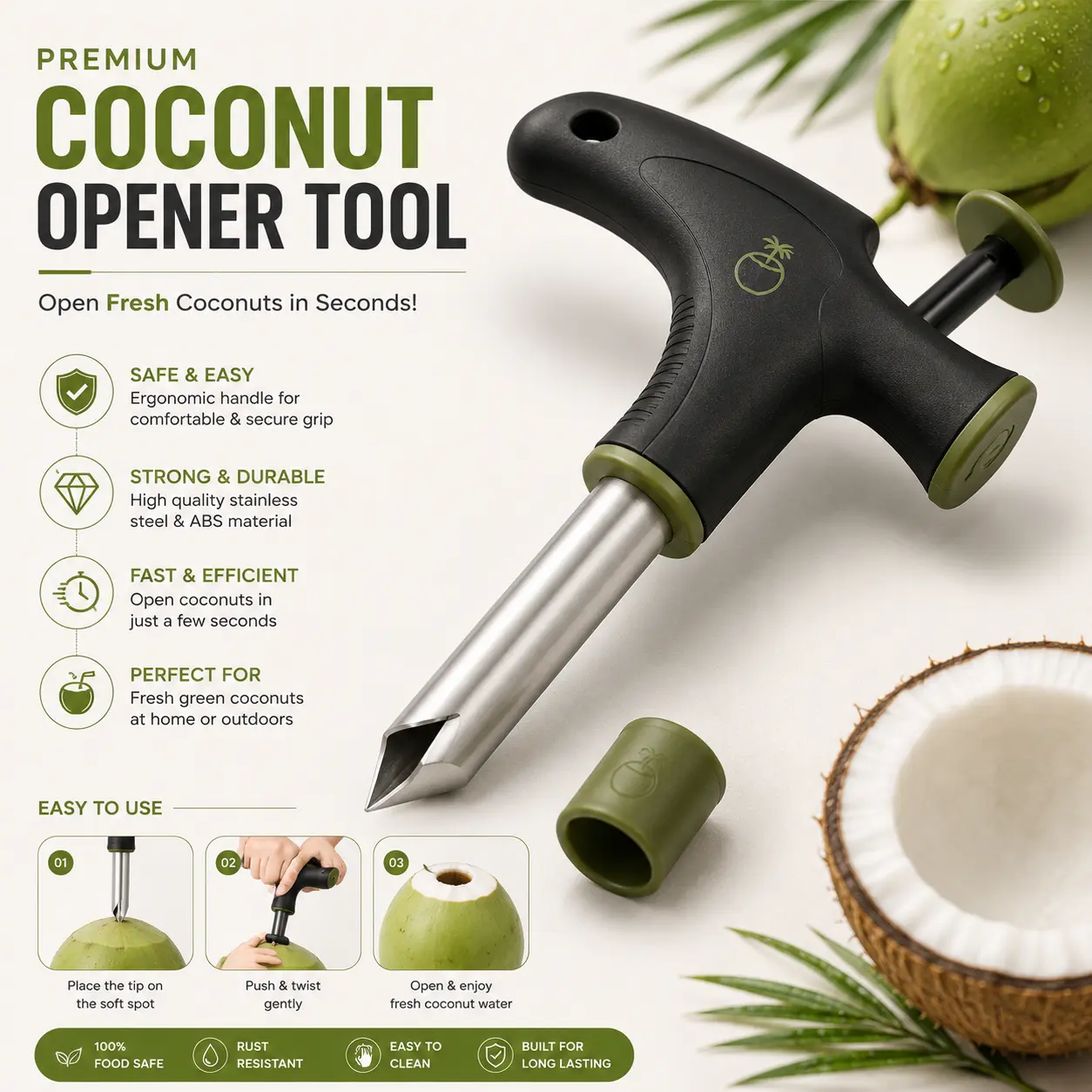 Coconut Opener Tool with Comfortable Grip Handle