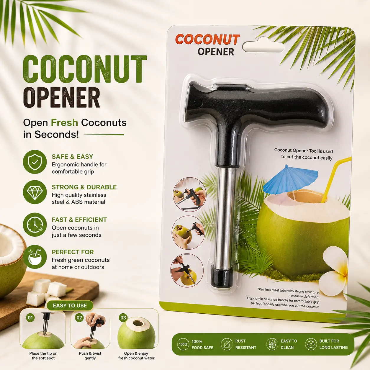 Coconut Opener Tool with Comfortable Grip Handle
