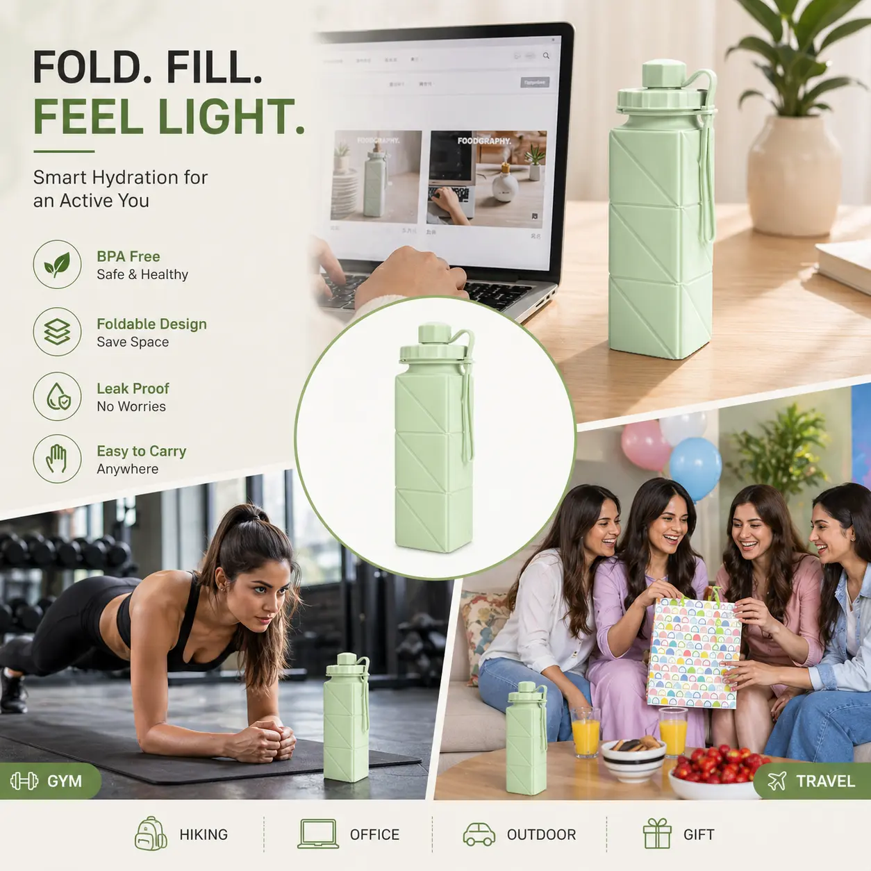 Foldable Collapsible Water Bottle for Travel & Gym