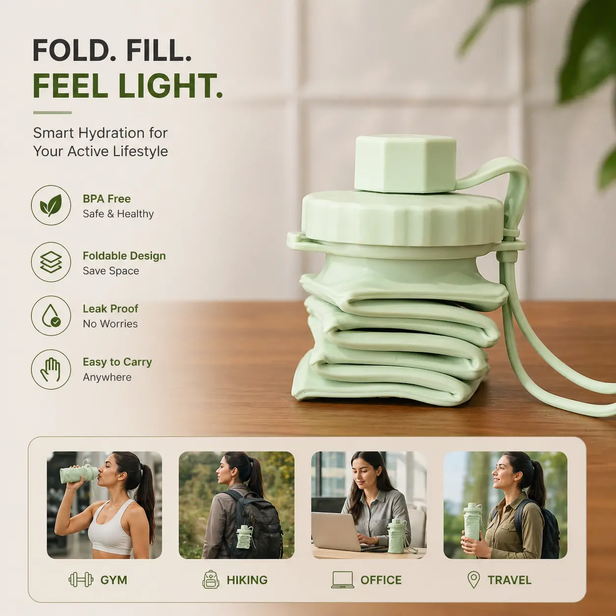 Foldable Collapsible Water Bottle for Travel & Gym