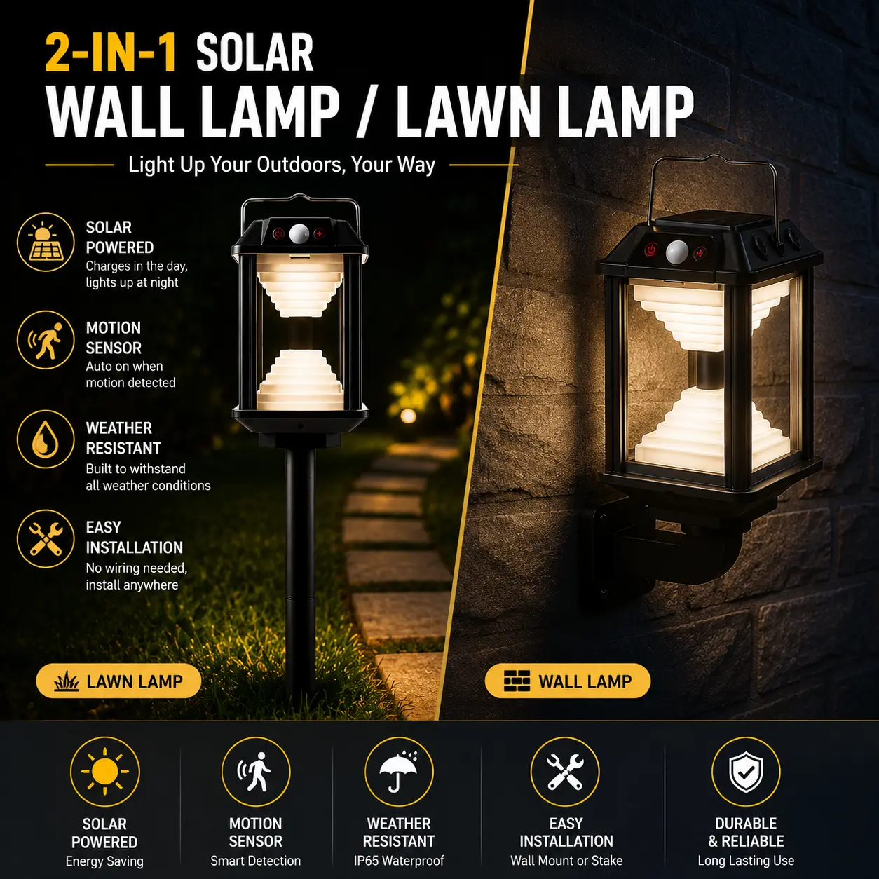 Solar LED Wall Lamp with Motion Sensor for Outdoor Use