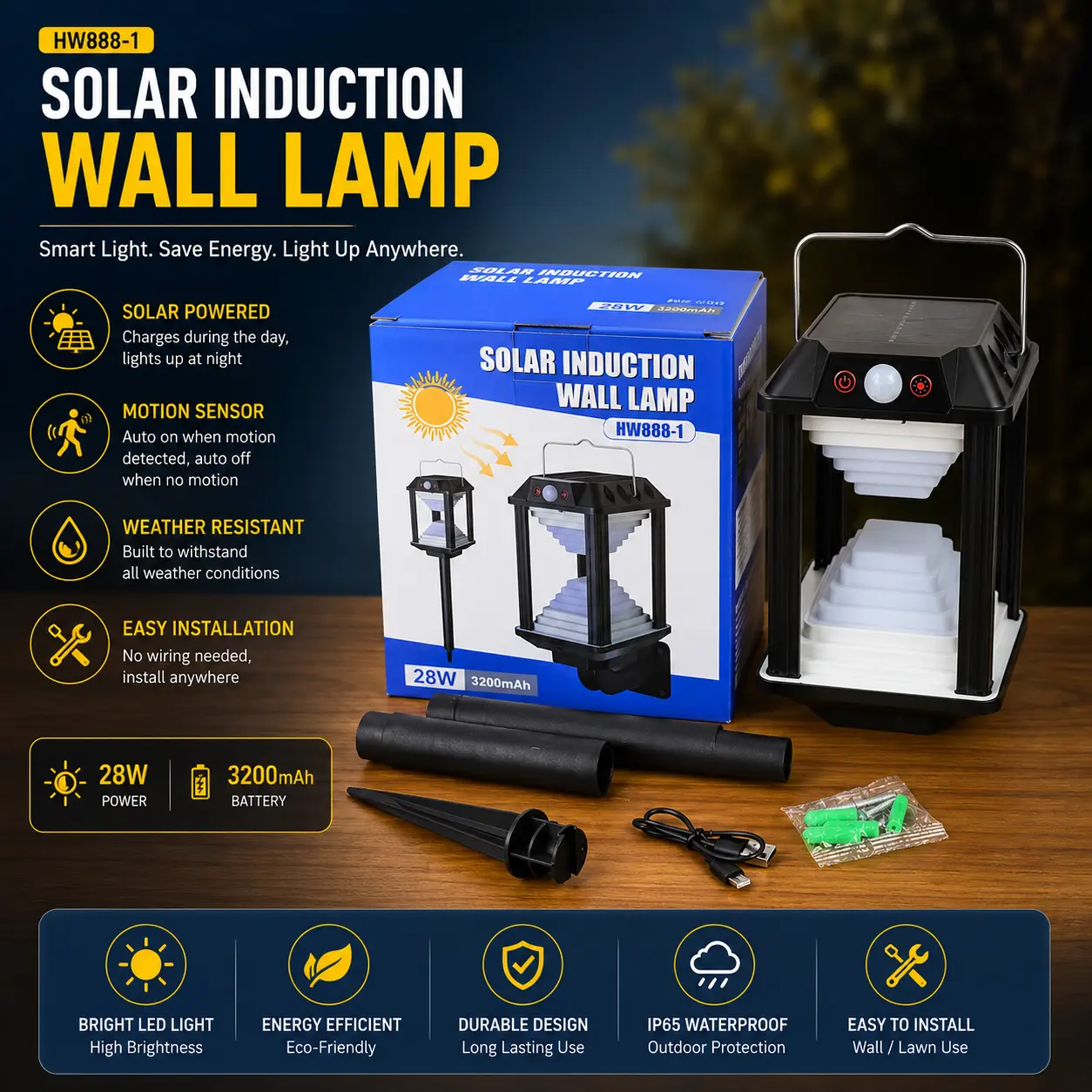 Solar LED Wall Lamp with Motion Sensor for Outdoor Use