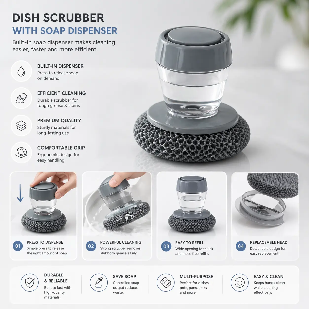 Soap Dispensing Dish Cleaning Brush for Kitchen Use