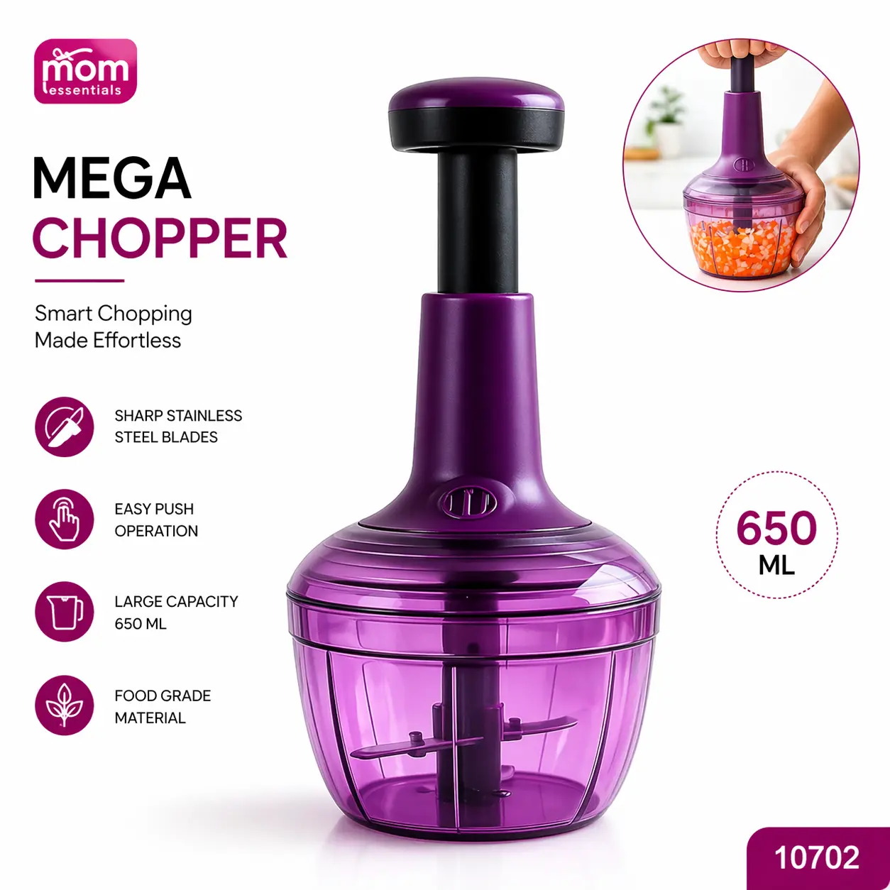Manual Push Vegetable Chopper 650ml for Kitchen Use is perfect for fast and easy chopping of vegetables during daily cooking.