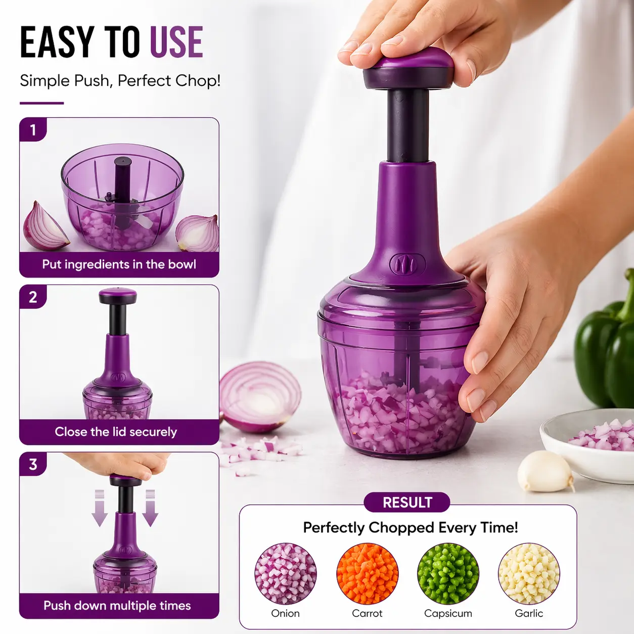 Manual Push Vegetable Chopper 650ml for Kitchen Use is perfect for fast and easy chopping of vegetables during daily cooking.