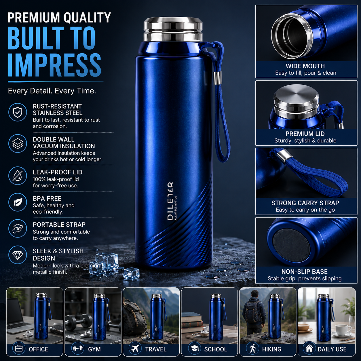 Stainless Steel Water Bottle 1L – Vacuum Insulated Hot & Cold