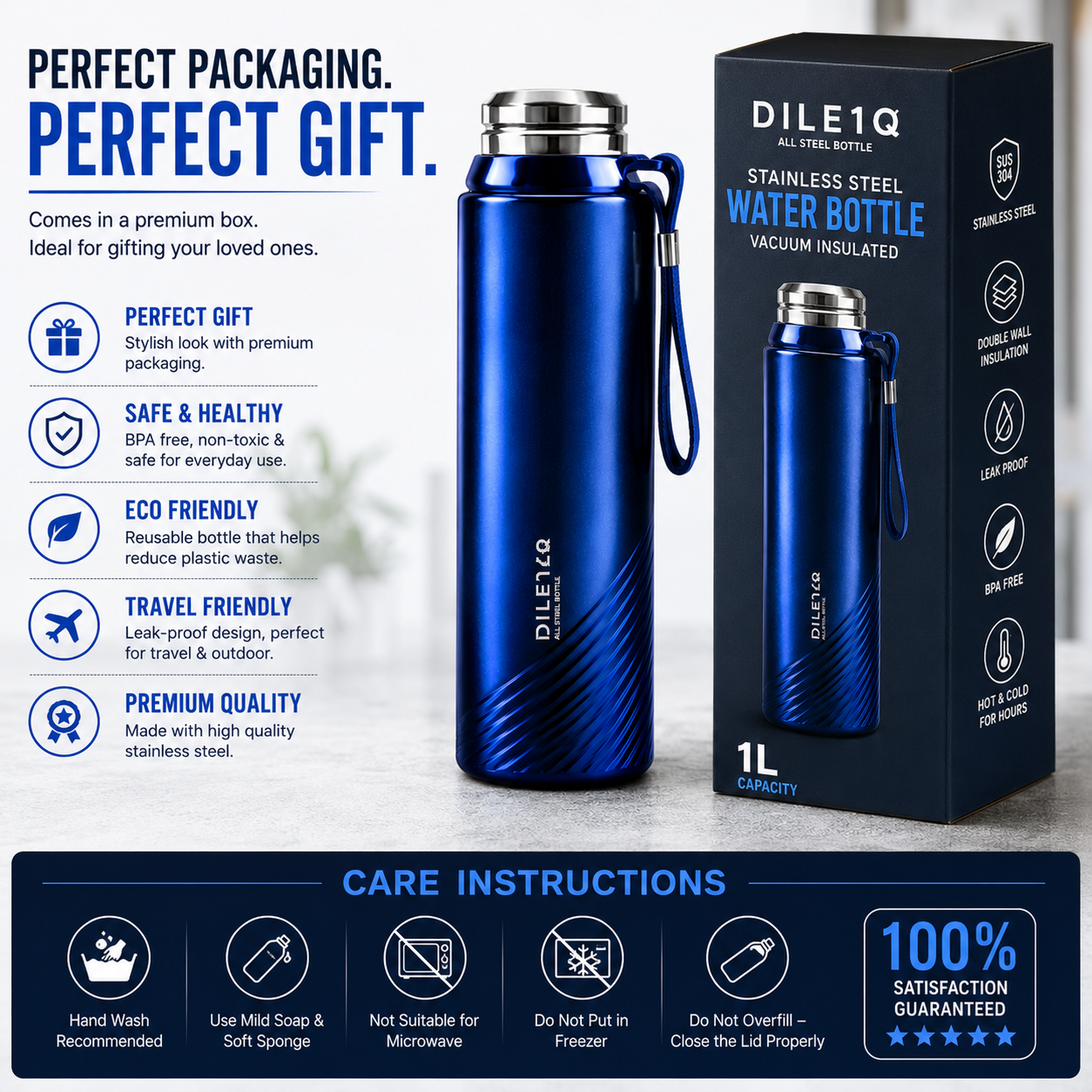 Stainless Steel Water Bottle 1L – Vacuum Insulated Hot & Cold